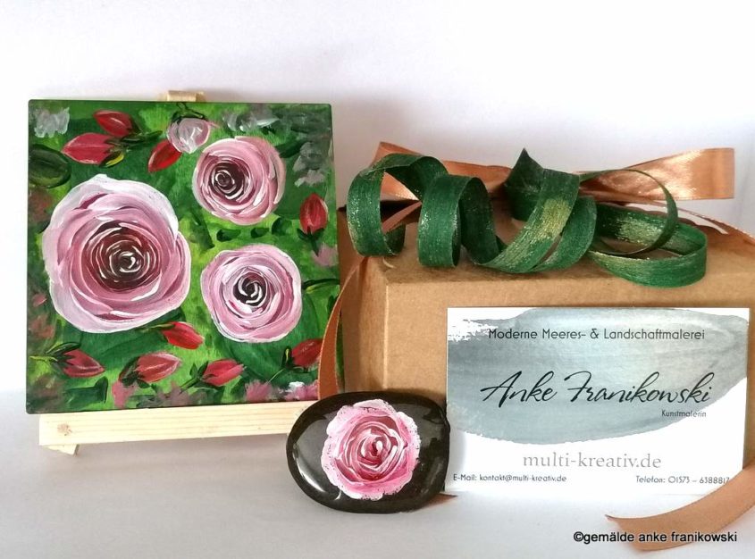 liebevolles Gemälde Geschenk-Set Rosa Rosen 10x10 auf Holz + Glücksstein kaufen