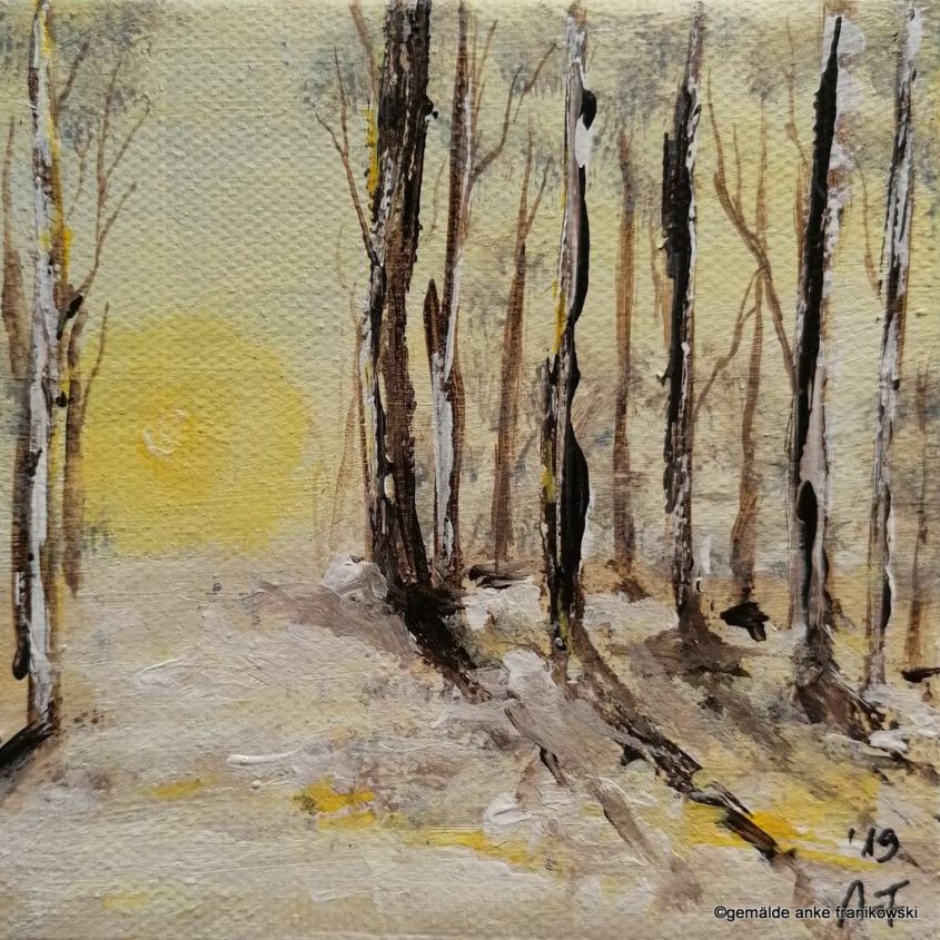 Acrylmalerei Winterbild, Acrylbild Wald in der Sonne kaufen