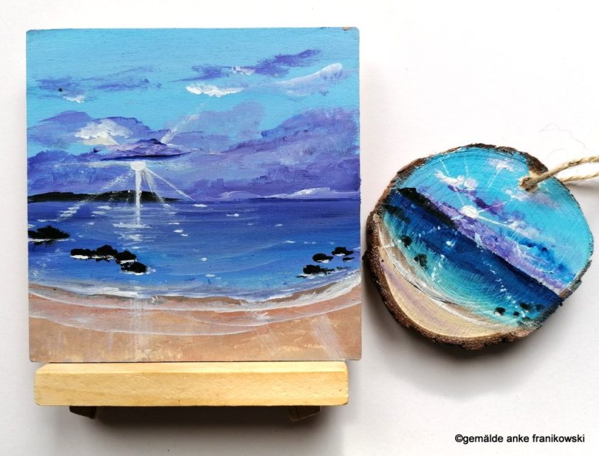 Geschenkset Sonnenstrahlen im Meer mit bemalter Holzscheibe Gemälde kaufen anke franikowski