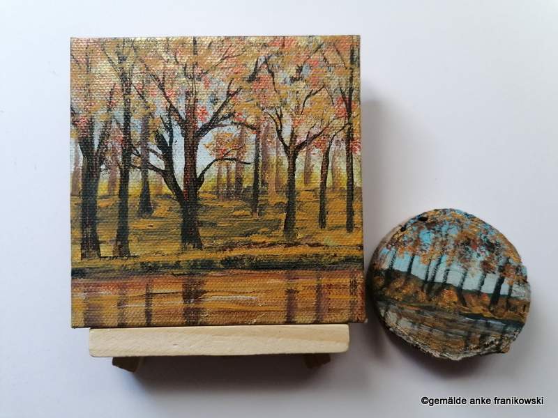 Acrylbild auf Leinwand Wald am Fluss mit Holzscheibe online kaufen