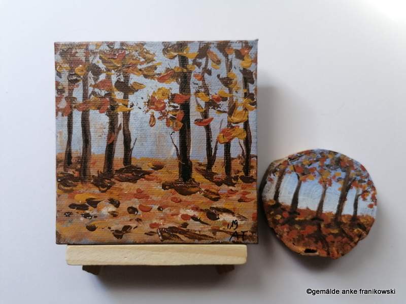 Acrylbild auf Leinwand mit Herbstwald und Holzscheibe Gemälde kaufen von Anke Franikowski