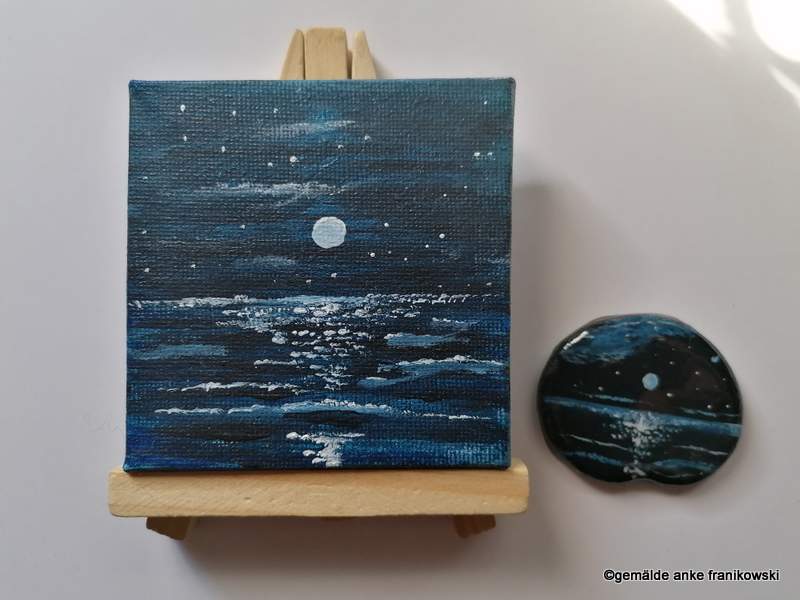 Acrylbild auf Leinwand mit Meer bei Nacht 8x8 und Glücksstein, Gemälde kaufen von Anke Franikowski