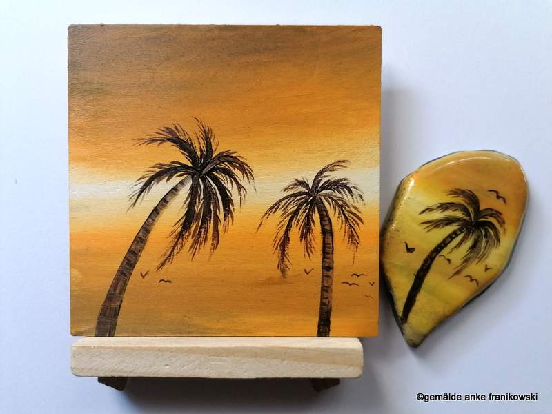 Acrylbild auf Holz mit Palmen und Glücksstein, Gemälde kaufen von Anke Franikowski