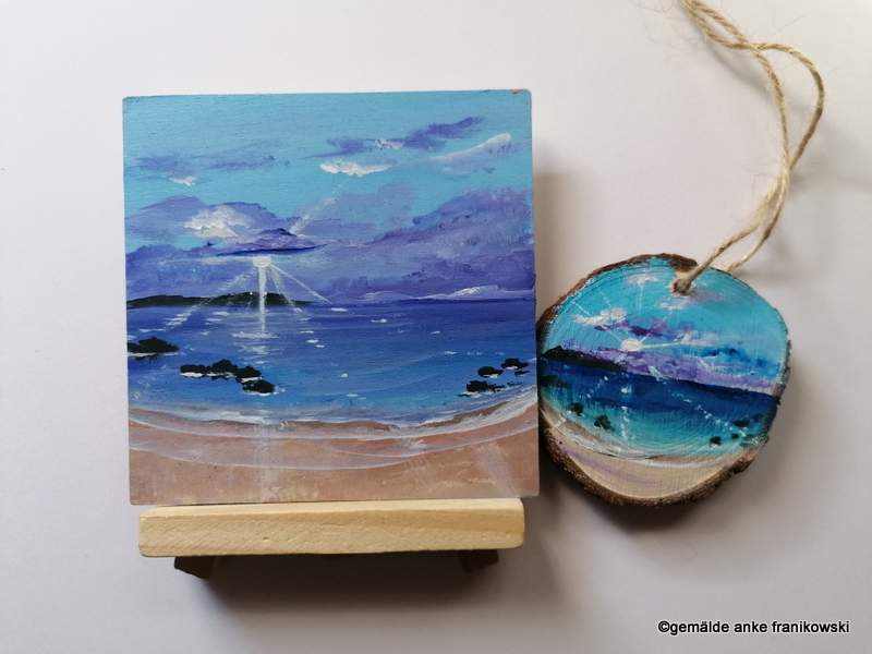 Acrylbild auf Holz mit Sonnenstrahlem im Meer und Holzscheibe, Gemälde kaufen von Anke Franikowski