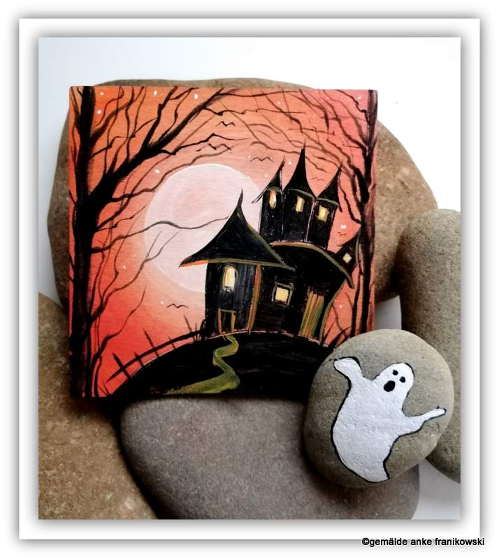 Gemälde Halloween Haus mit Geist Glücksstein kaufen